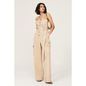 HALSTON Bari Jumpsuit Tan Cargo Pockets Size 8‎